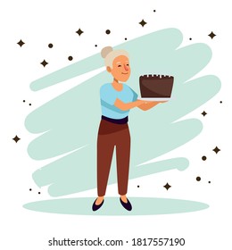 old woman with sweet cake active senior character vector illustration design