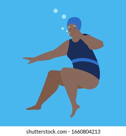 Old woman in swimming pool. Elderly character have an active lifestyle. Senior under water. Isolated flat illustration