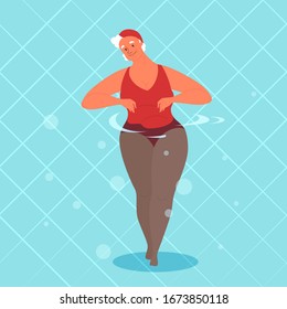 Old Woman In Swimming Pool. Elderly Character Have An Active Lifestyle. Senior Under Water. Isolated Flat Illustration