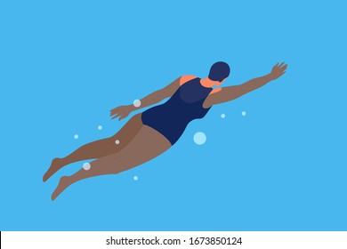 Old Woman In Swimming Pool. Elderly Character Have An Active Lifestyle. Senior Under Water. Isolated Flat Illustration