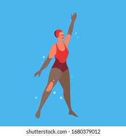 Old Woman In Swimming Pool. Elderly Character Have An Active Lifestyle. Senior Under Water. Isolated Flat Illustration