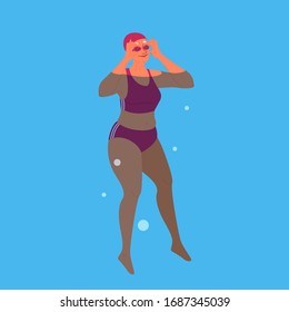 Old Woman In Swimming Pool. Elderly Character Have An Active Lifestyle. Senior Under Water. Isolated Flat Illustration