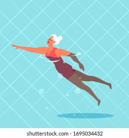 Old Woman In Swimming Pool. Elderly Character Have An Active Lifestyle. Senior Under Water. Isolated Flat Illustration