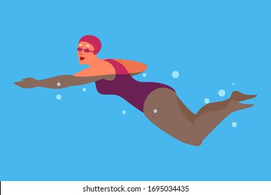 Old Woman In Swimming Pool. Elderly Character Have An Active Lifestyle. Senior Under Water. Isolated Flat Illustration