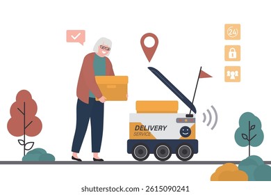 Old woman take box from robot, self drive bot. Fast delivery goods in city automatic car. Wireless robot carry parcel for customer. Grandmother with order. flat design vector illustration