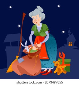 Old woman takes out gifts from a bag. Buena Befana (happy Epiphany). Italian Christmas tradition. Vector illustration.

