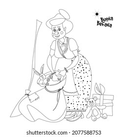 Old woman takes out gifts from a bag. Buena Befana (happy Epiphany). Coloring page. Vector illustration

