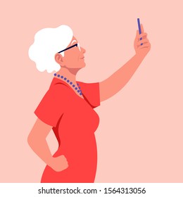 An old woman takes a selfie and holds her smartphone in her hand. A grandmother is photographed for a social network. Vector flat illustration