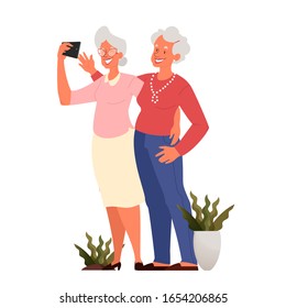 Old woman taking selfie with a friend together. Elderly characters taking photo of themselves. Old people lifestyle concept. Seniors having an active social life. Isolated vector illustration