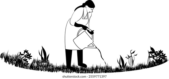 Old woman taking watering plants in the garden with a watering can. Illustration, vector. Black and white drawing