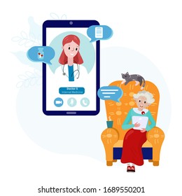 Old Woman talking with a doctor online from home. Doctor with senior patient meet online during pandemic . Concept of healthcare telemedicine,  consultation service. Stay home during coronavirus.