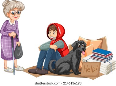 Old woman talking with homeless man illustration