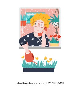 Old woman talking on the phone while she stays at home. Friendship hand drawn flat style concept illustration. Grandmother watering flowers. 