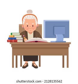 old woman with textbooks and desktop