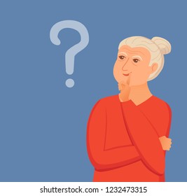 Old woman thinking with question marks. Vector illustration of lady puzzled with problem looking around. Cartoon design male person wondering for decision, smiling.