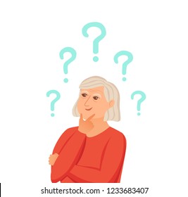 Old woman thinking with question marks. Vector illustration of lady puzzled with problem looking around. Cartoon design female person wondering for decision, smiling.