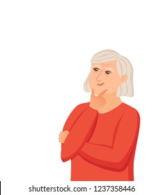 Old woman thinking with question marks. Vector illustration of lady puzzled with problem looking around. Cartoon design male person wondering for decision, smiling.