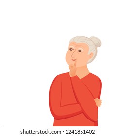 Old woman thinking with question marks. Vector illustration of lady puzzled with problem looking around. Cartoon design male person wondering for decision, smiling.