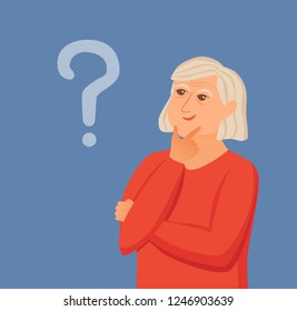 Old woman thinking with question marks. Vector illustration of lady puzzled with problem looking around. Cartoon design male person wondering for decision, smiling.