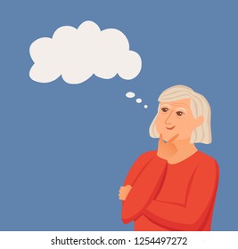 Old woman thinking with question marks. Vector illustration of lady puzzled with problem looking around. Cartoon design male person wondering for decision, smiling.