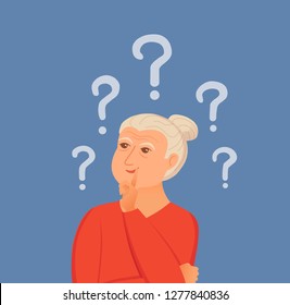 Old woman thinking with question marks. Vector illustration of lady puzzled with problem looking around. Cartoon design male person wondering for decision, smiling.