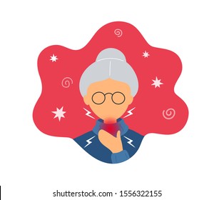 Old woman with throat pain touching her neck.  Flat modern trendy style.Vector illustration character icon. Isolated on white background. 