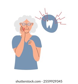 Old woman with toothache. Old woman who has a lot of caries. Vector illustration of oral health concept.