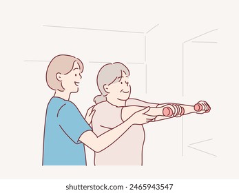 Old woman training with physiotherapist using dumbbells at home. Therapist assisting senior woman with exercises in nursing home. Hand drawn style vector design illustrations.