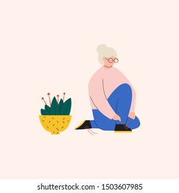 Old woman trying to tie shoe lashes. Elderly woman having difficulties completing familiar tasks. Cute senior woman sitting near flower in pot. Flat vector illustration