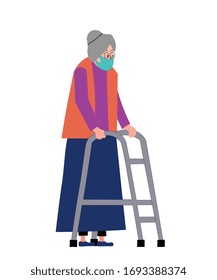 An old woman is trying to walk with a foldable walker by wearing a mask against corona virus.
