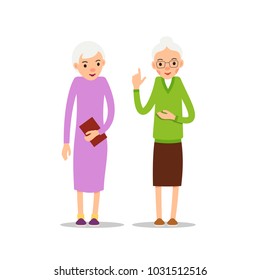 Old woman. Two senior, elder women stand. Illustration isolated on white background in flat style. Full length portrait of old ladies, senior or grandmother.
