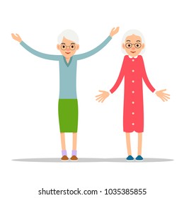 Old woman. Two senior, one elder women stand with hands up, and other lady dropped her arms and spread them. Illustration isolated on white background in flat style.
