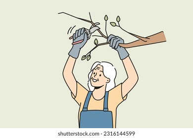 Old woman in uniform cutting branches on tree in garden. Smiling mature pensioner gardening take care of trees. Horticulture and elderly hobby. Vector illustration. 