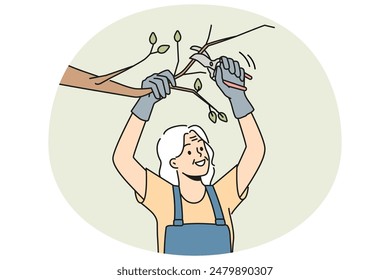 Old woman in uniform cutting branches on tree in garden. Smiling mature pensioner gardening take care of trees. Horticulture and elderly hobby. Vector illustration.