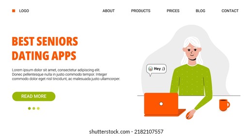 Old woman use laptop. Nice elderly female character sitting and using dating apps, social media. Communicate in net for older person. Landing page web template. Cute vector illustration in flat style.