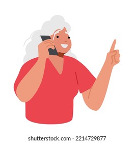 Old Woman Use Mobile Connection. Elderly Grey Haired Lady Communicate by Phone with Friend or Family. Senior Female Character Call by Smartphone, Chatting Online. Cartoon People Vector Illustration