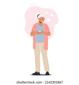 Old Woman Use Mobile Phone. Elderly Lady Communicate in Social Networks with Friends. Senior Female Character Browsing Internet, Call, Chatting and Messaging Online. Cartoon People Vector Illustration