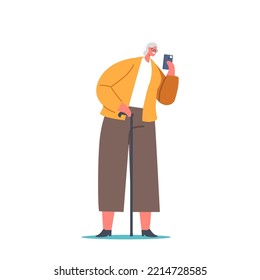Old Woman Use Mobile Phone for Making Payment, Chatting and Messaging Online. Elderly Lady Communicate in Social Networks. Senior Female Character Browsing Internet. Cartoon People Vector Illustration