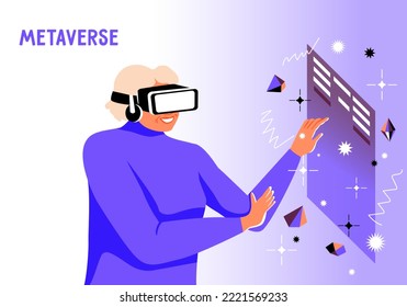 Old woman use VR glasses with enjoyment. Grandmother wearing 3d goggles or headsets in augmented reality playing game,  engaged in education on virtual screen. Modern entertainment. Vector