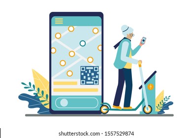 Old woman uses the kick scooter rental service through a mobile app for renting or sharing eco-electric urban transport. On the smartphone screen, a map and qr code to activate. Vector illustration