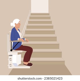 Old woman using automatic stair lift on a staircase, side view