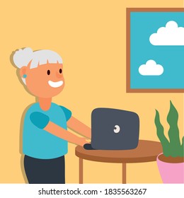 old woman using laptop active senior character vector illustration design