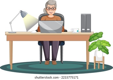 Old Woman Using Laptop Illustration