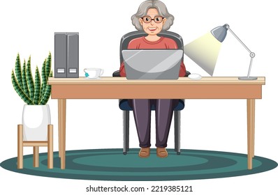 Old Woman Using Laptop Illustration