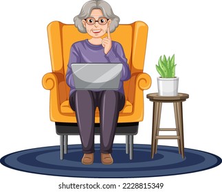 Old woman using laptop illustration