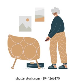 Old woman using a robot vacuum cleaner at home. Household chores assistance for elderly concept. Active seniors flat vector illustration. Domestic equipment for retired people. Modern quarantine life.