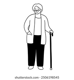 Old woman using a stick handdrawn illustration