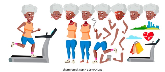 Old Woman Vector. Black. Afro American. Senior Person Portrait. Elderly People. Aged. Animation Creation Set. Face Emotions, Gestures. Active Grandparent. Poster Design. Animated. Cartoon Illustration