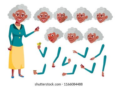 Old Woman Vector. Black. Afro american. Senior Person. Aged, Elderly People. Fun, Cheerful. Face Emotions, Various Gestures. Animation Creation Set. Isolated Flat Cartoon Character Illustration
