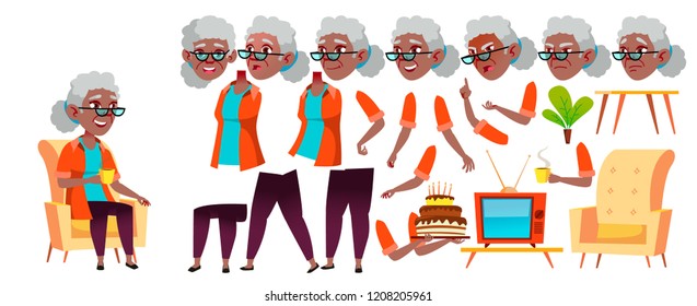 Old Woman Vector. Black. Afro American. Senior Person Portrait. Elderly People. Aged. Animation Creation Set. Face Emotions, Gestures. Friendly Grandparent.  Animated. Isolated Ilustration